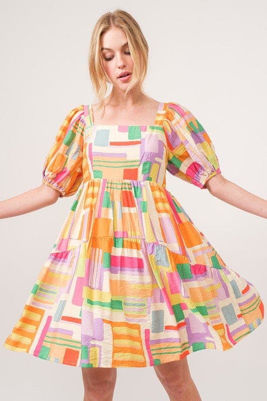 And The Why Square Neck Puff Sleeve Geo Printed Mini Dress