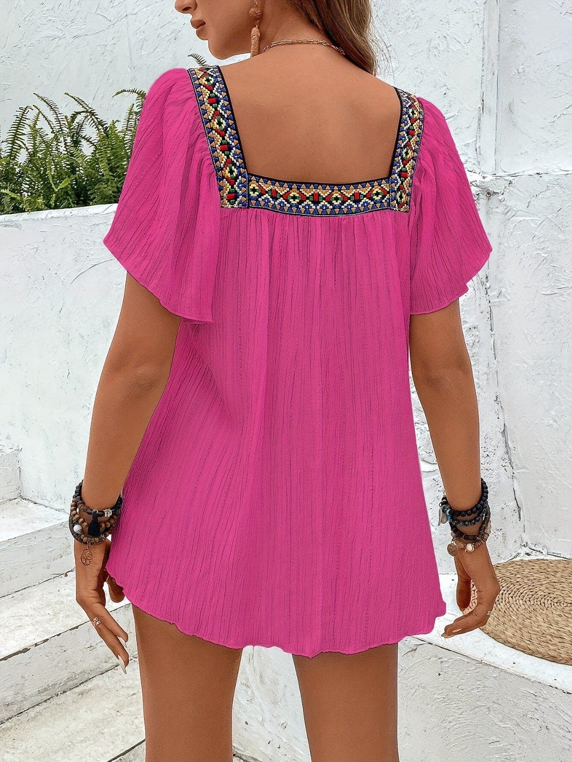 Contrast Square Neck Flutter Sleeve Blouse