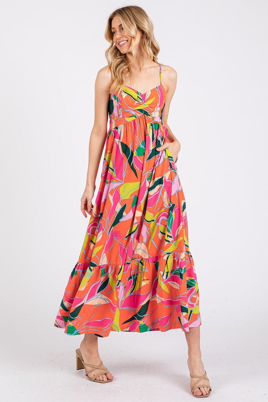 Mittoshop Multicolor Leaf Print Tie Back Maxi Dress