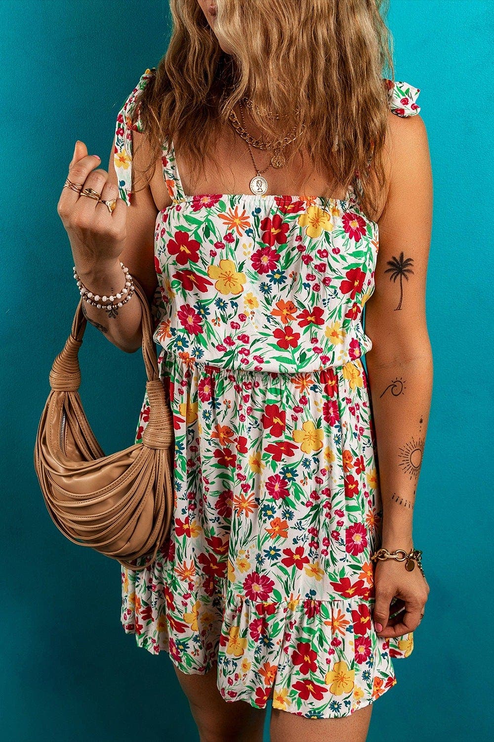 Floral Knotted Straps Cinched Waist Ruffle Hem Mini Dress