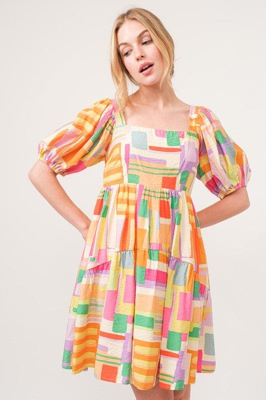 And The Why Square Neck Puff Sleeve Geo Printed Mini Dress