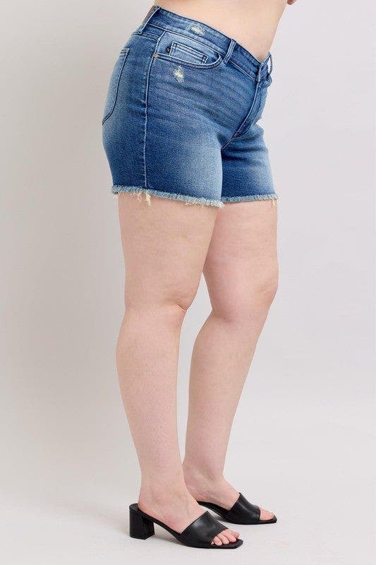 Judy Blue Full Size V-Front Denim Shorts with Shield Pockets Plus Size