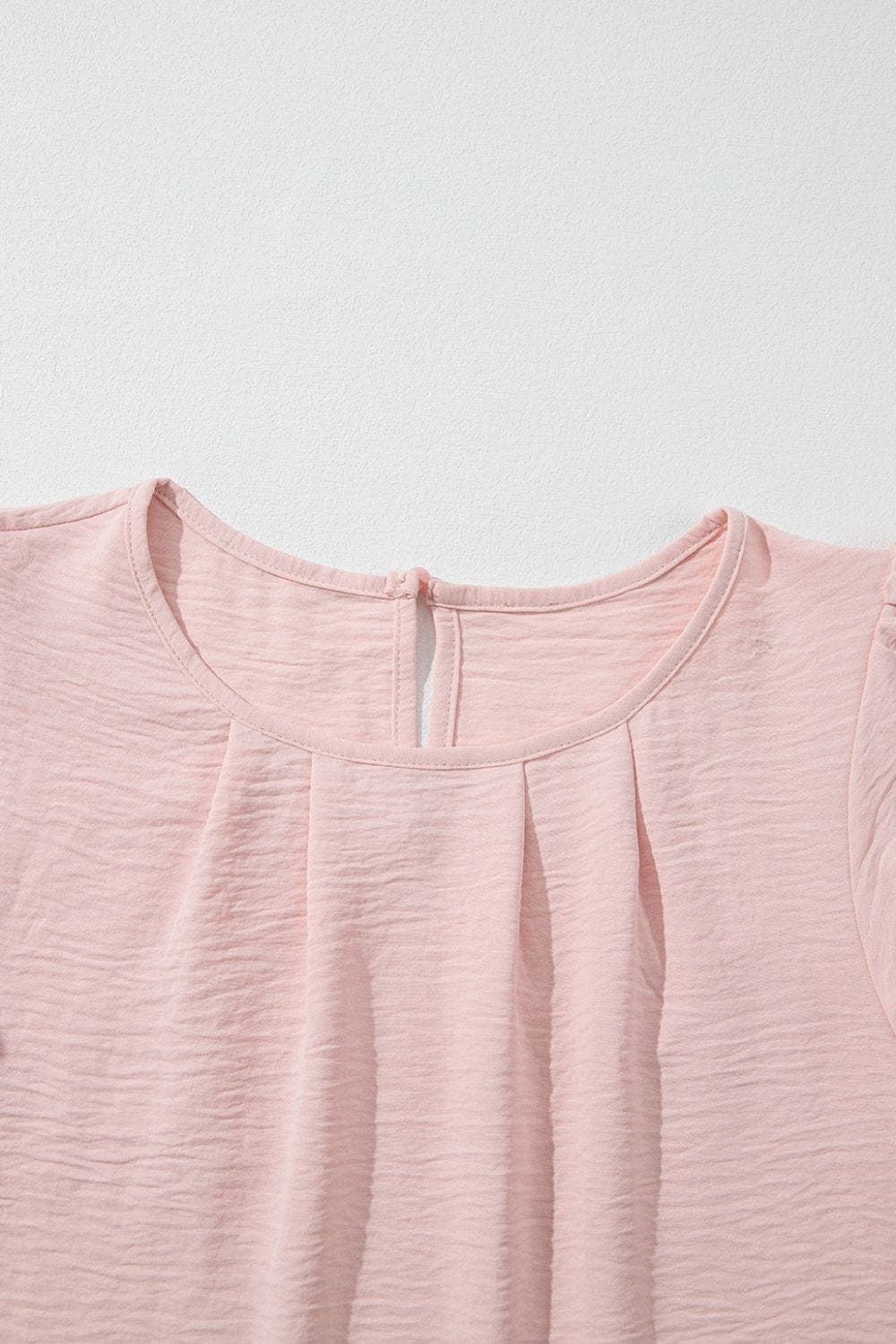 Solid Color Flounce Sleeve Pleated Round Neck Blouse