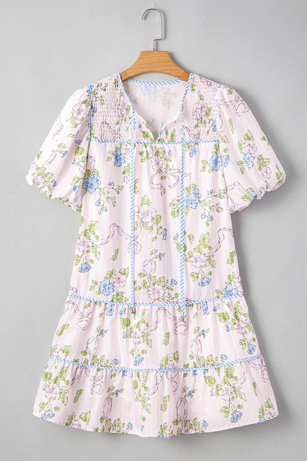Printed Tie Neck Short Sleeve Mini Dress