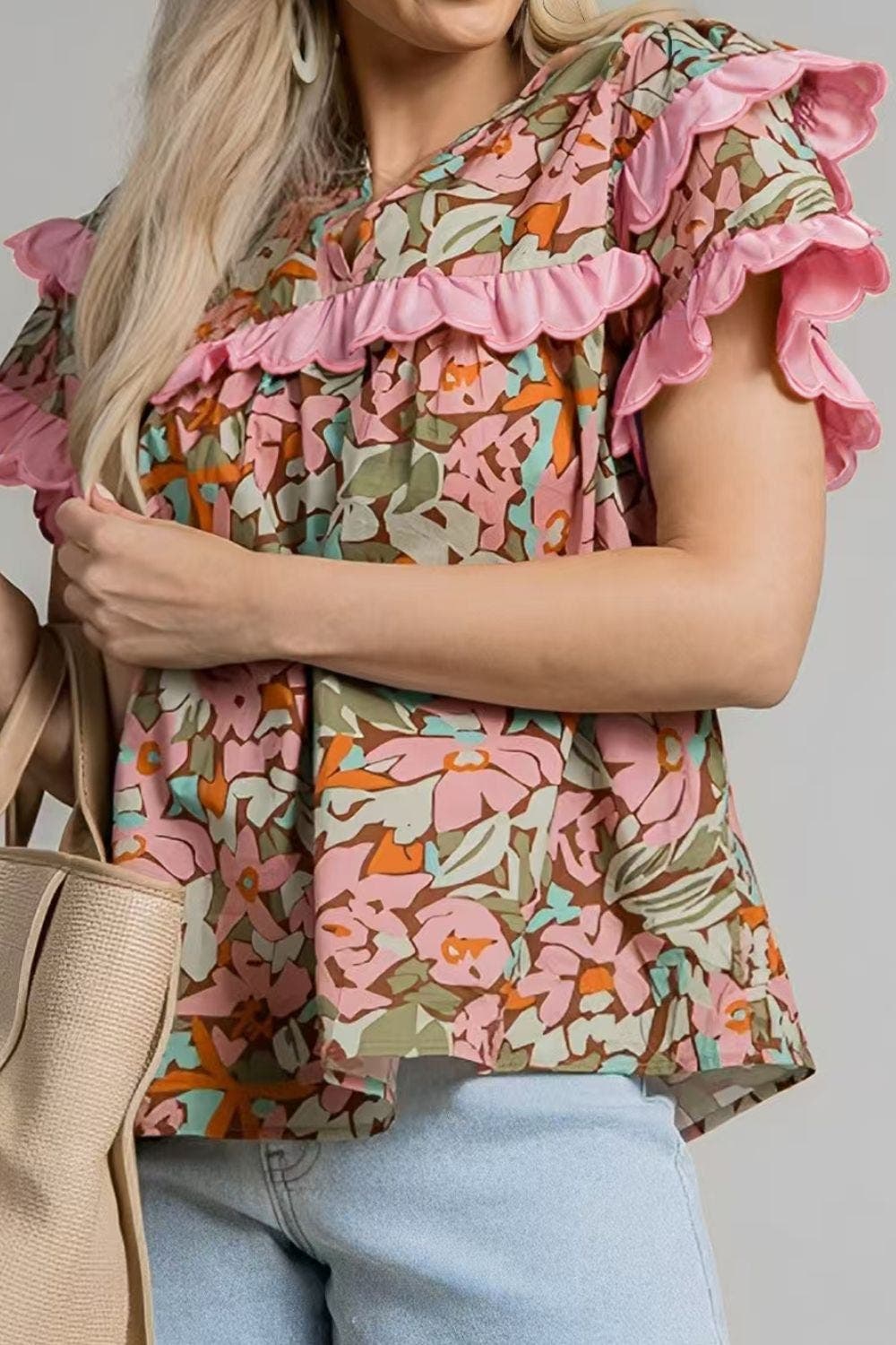 Multicolour Floral Tiered Ruffled Short Sleeve Blouse