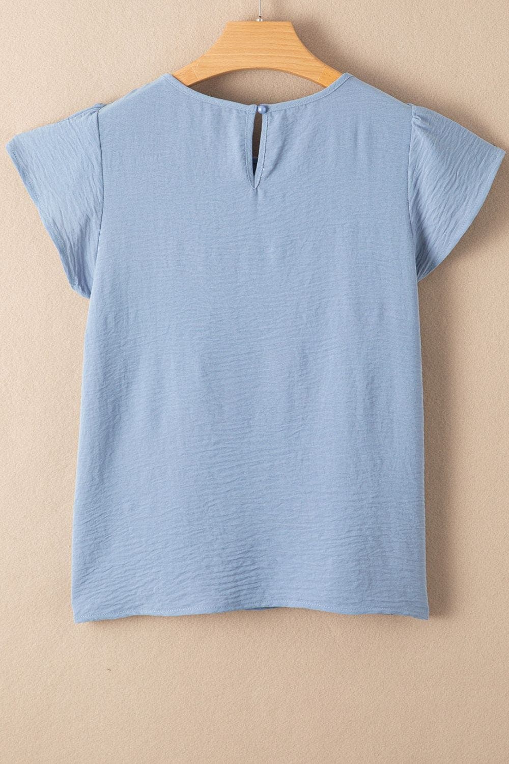 Solid Color Flounce Sleeve Pleated Round Neck Blouse