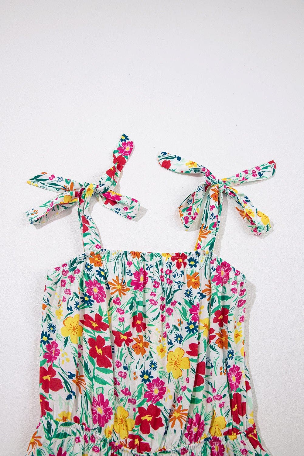 Floral Knotted Straps Cinched Waist Ruffle Hem Mini Dress