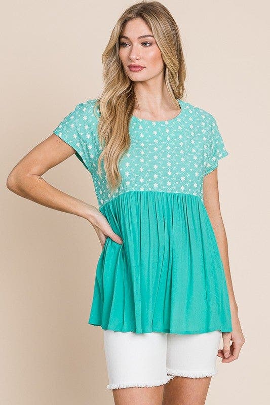 Lime 'N' Chili Full Size Embroidered Short Sleeve Pleated Babydoll Top Plus Size
