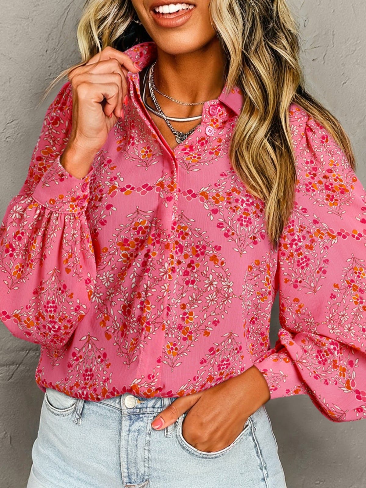 Floral Print Lantern Sleeve Loose Shirt