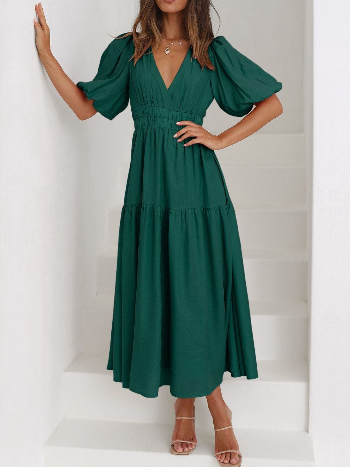 V-Neck Puff Sleeve Midi Dress