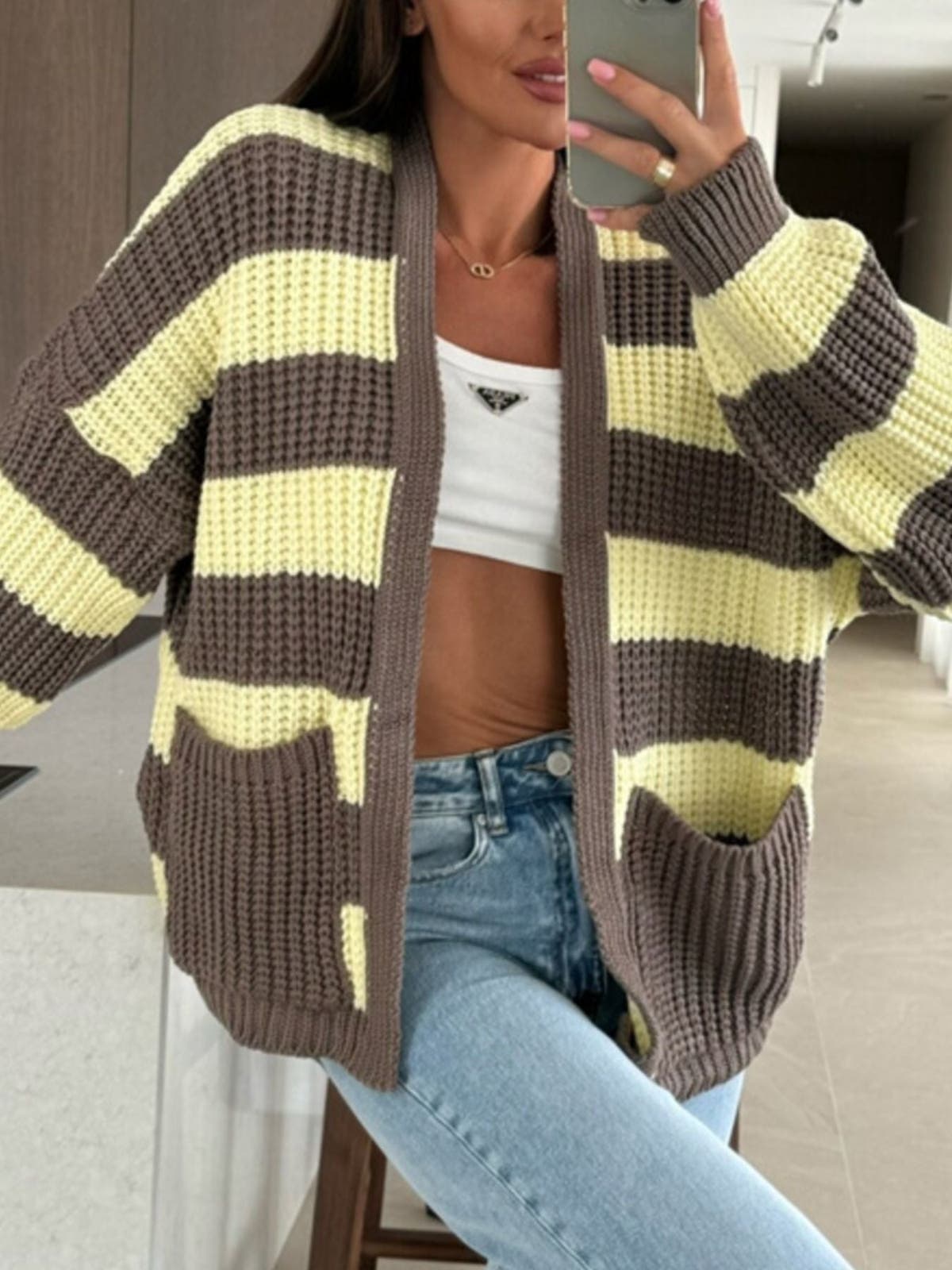Striped Open Front Long Sleeve Cardigan