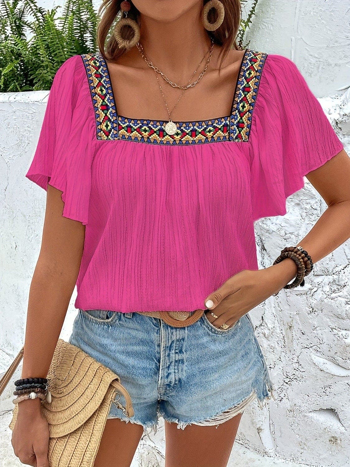 Contrast Square Neck Flutter Sleeve Blouse