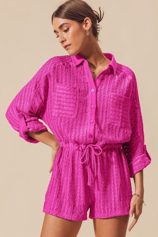 SO ME Textured Knit Button Front Romper