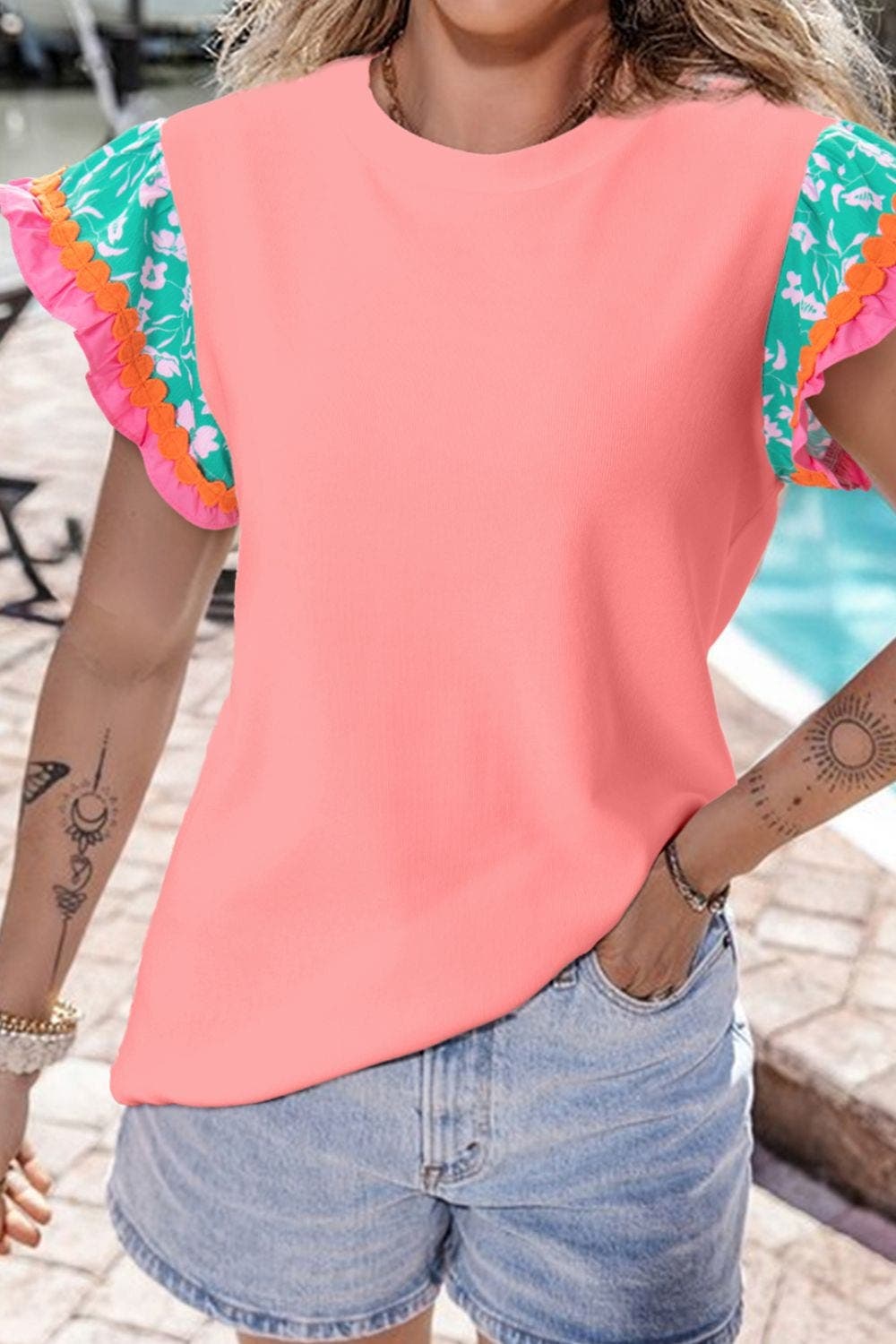 Ruffled Round Neck Cap Sleeve Top