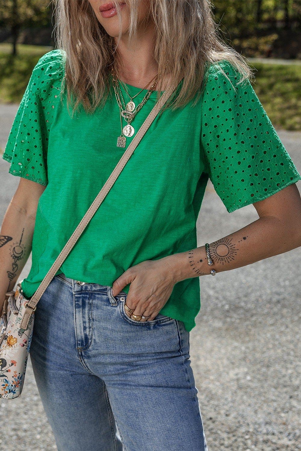 Eyelet Embroidered Patchwork Top