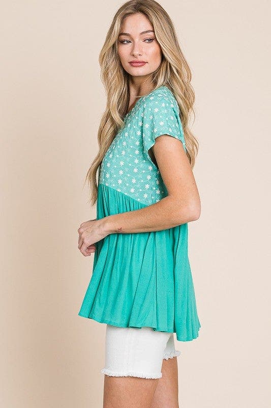 Lime 'N' Chili Full Size Embroidered Short Sleeve Pleated Babydoll Top Plus Size