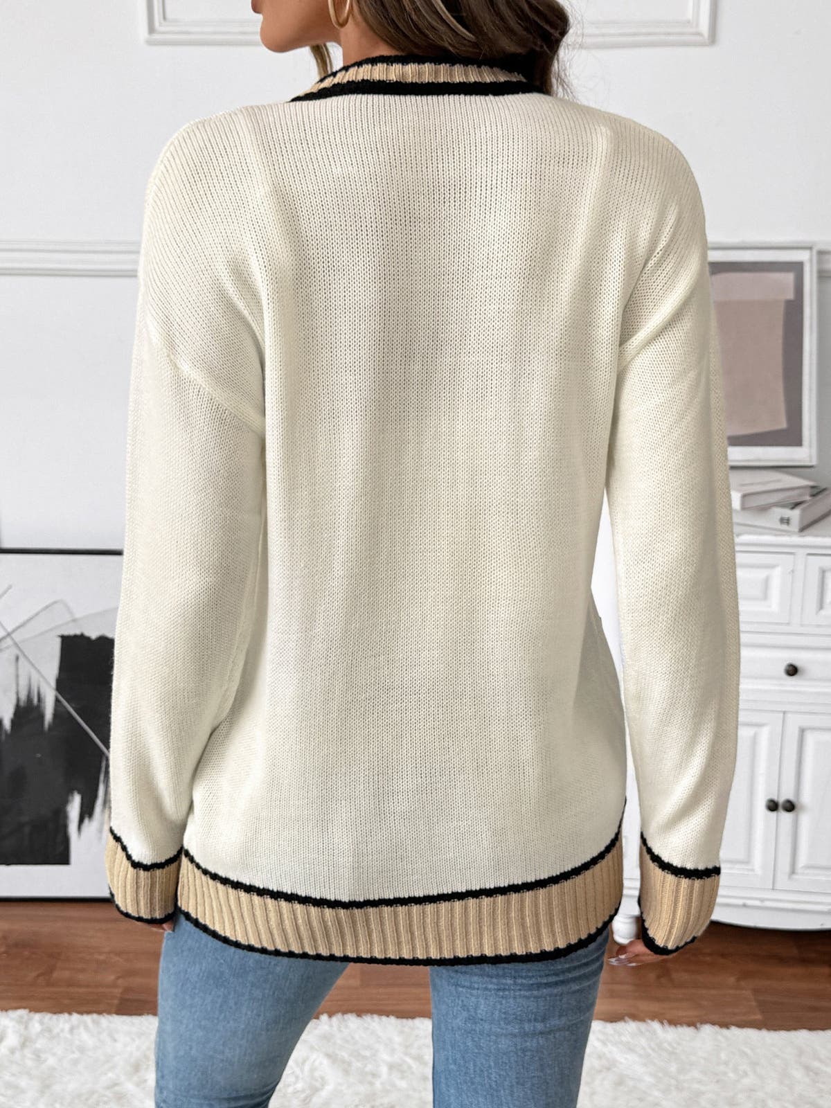 Contrast Trim Button Up Knit Cardigan