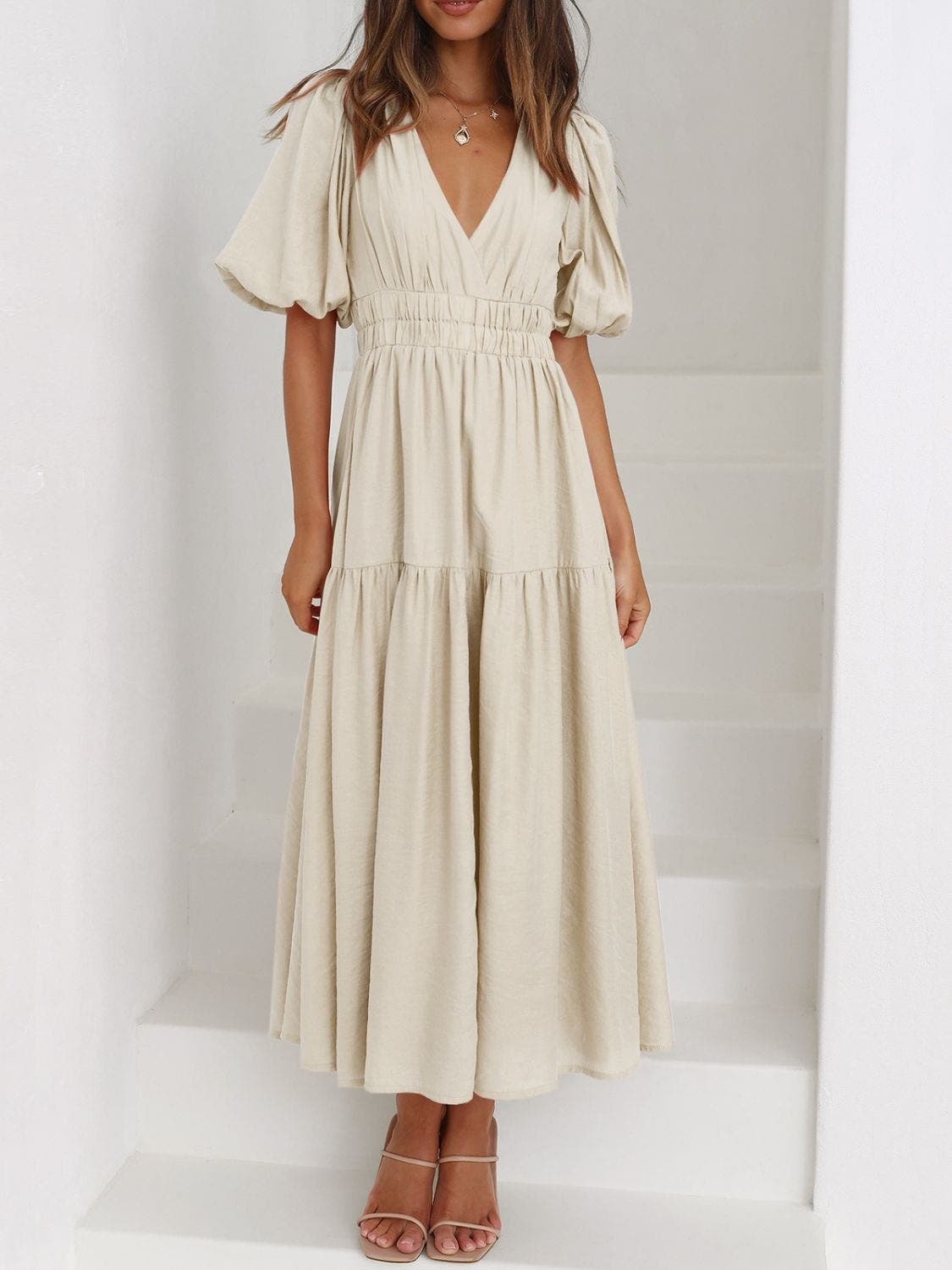 V-Neck Puff Sleeve Midi Dress