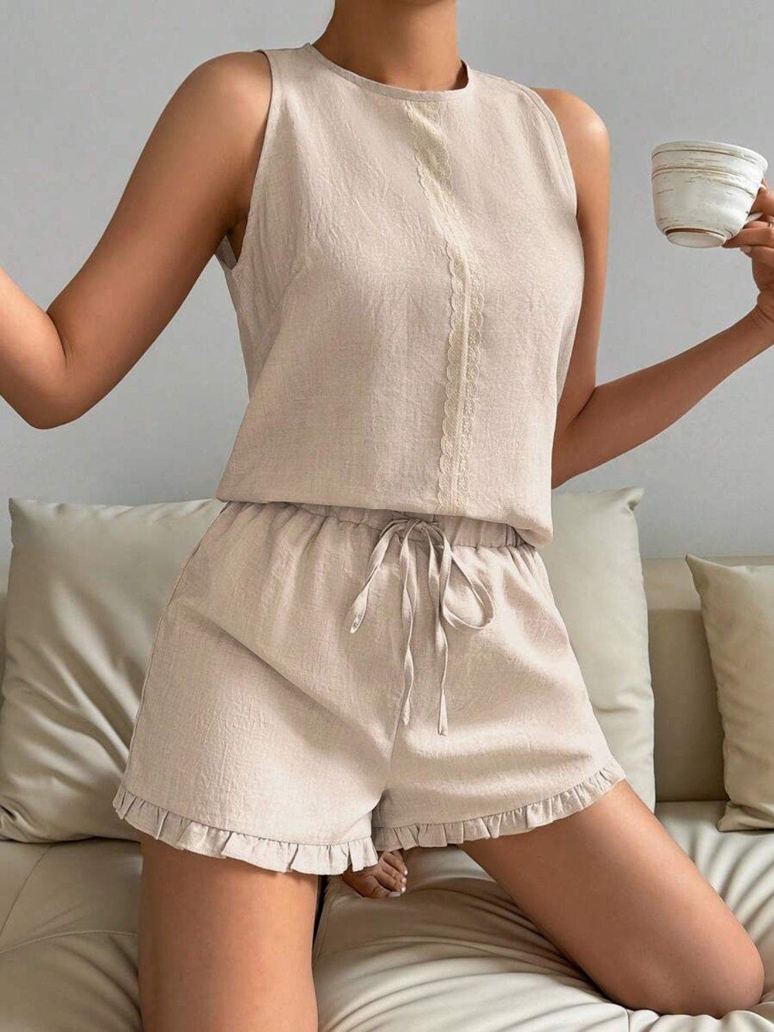 Lace Detail Round Neck Tank and Shorts Set