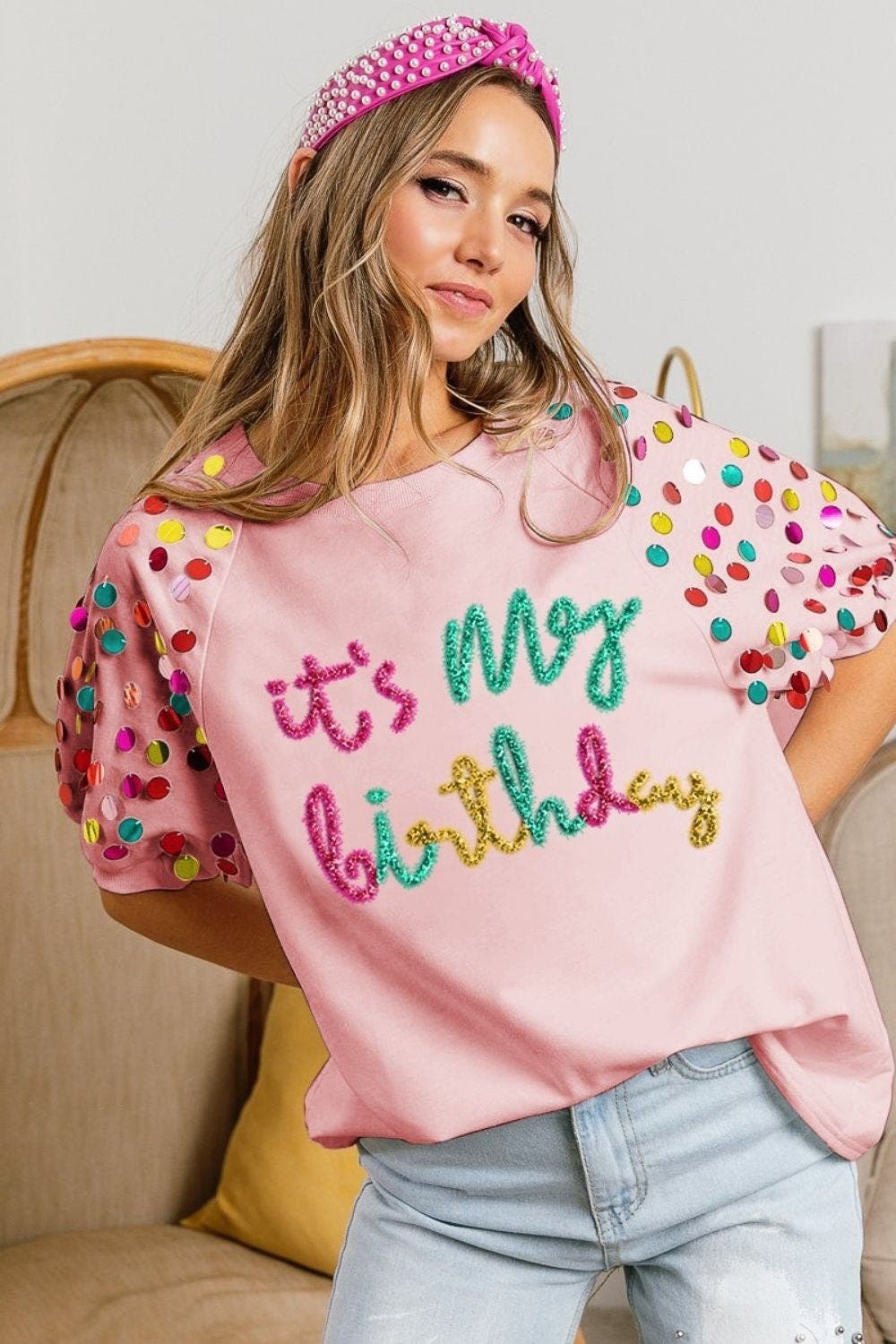 BiBi Metallic Letter Spangle Raglan Puff Sleeve Top