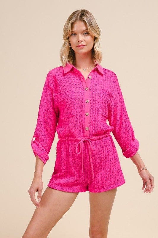SO ME Textured Knit Button Front Romper