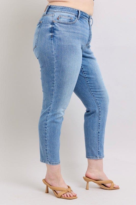 Judy Blue Full Size Mid Rise Vintage Wash Slim Jeans with Cell Phone Pocket Plus Size