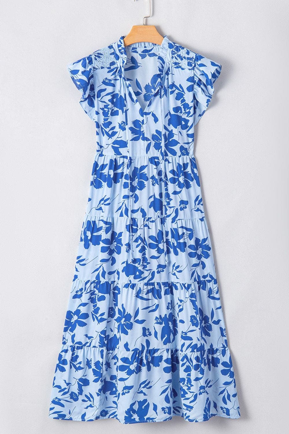 Floral Print Tiered Frilled Trim Flutter Sleeve Dress