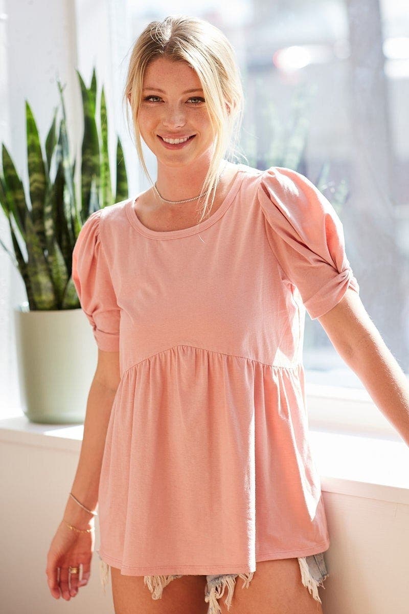 BiBi Cotton Span Knit with Puff Sleeve Baby Doll Top