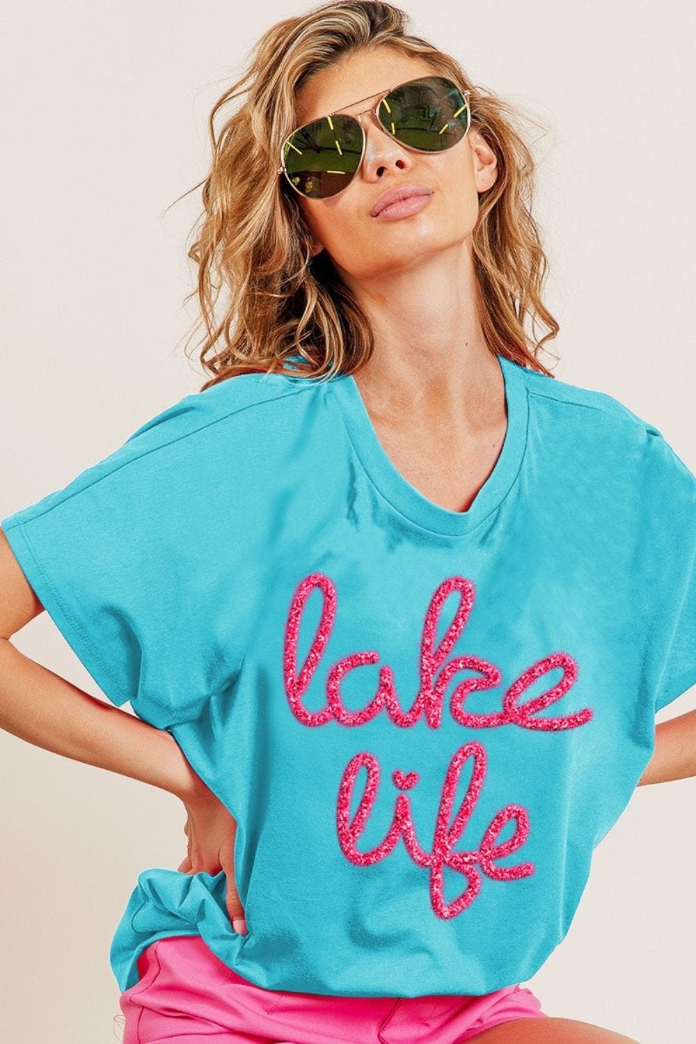 BiBi Metallic Letter Short Dolman Sleeve Top