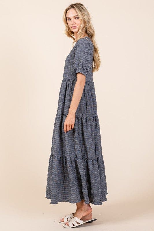 BOMBOM Textured Short Sleeve Tiered Dress