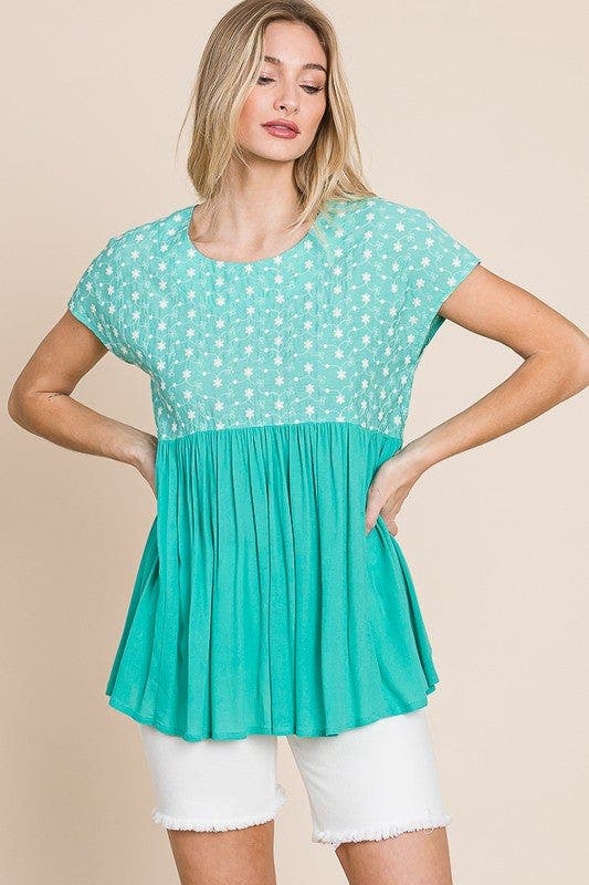 Lime 'N' Chili Full Size Embroidered Short Sleeve Pleated Babydoll Top Plus Size
