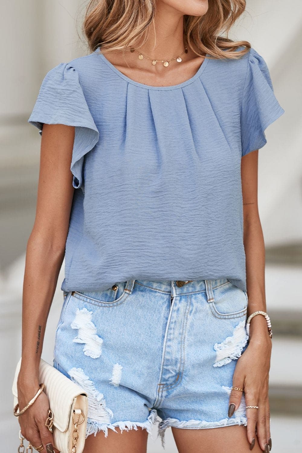 Solid Color Flounce Sleeve Pleated Round Neck Blouse