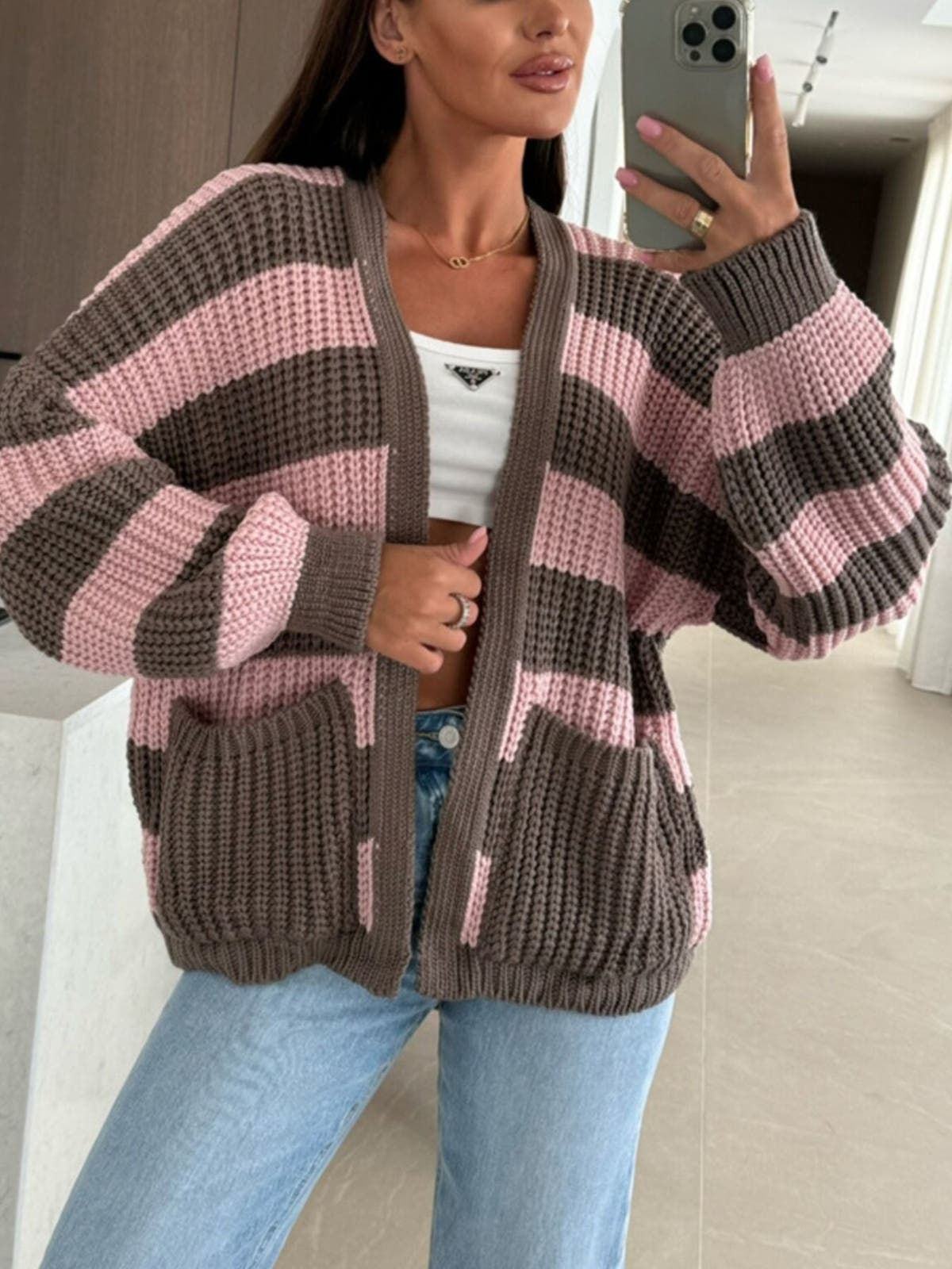 Striped Open Front Long Sleeve Cardigan