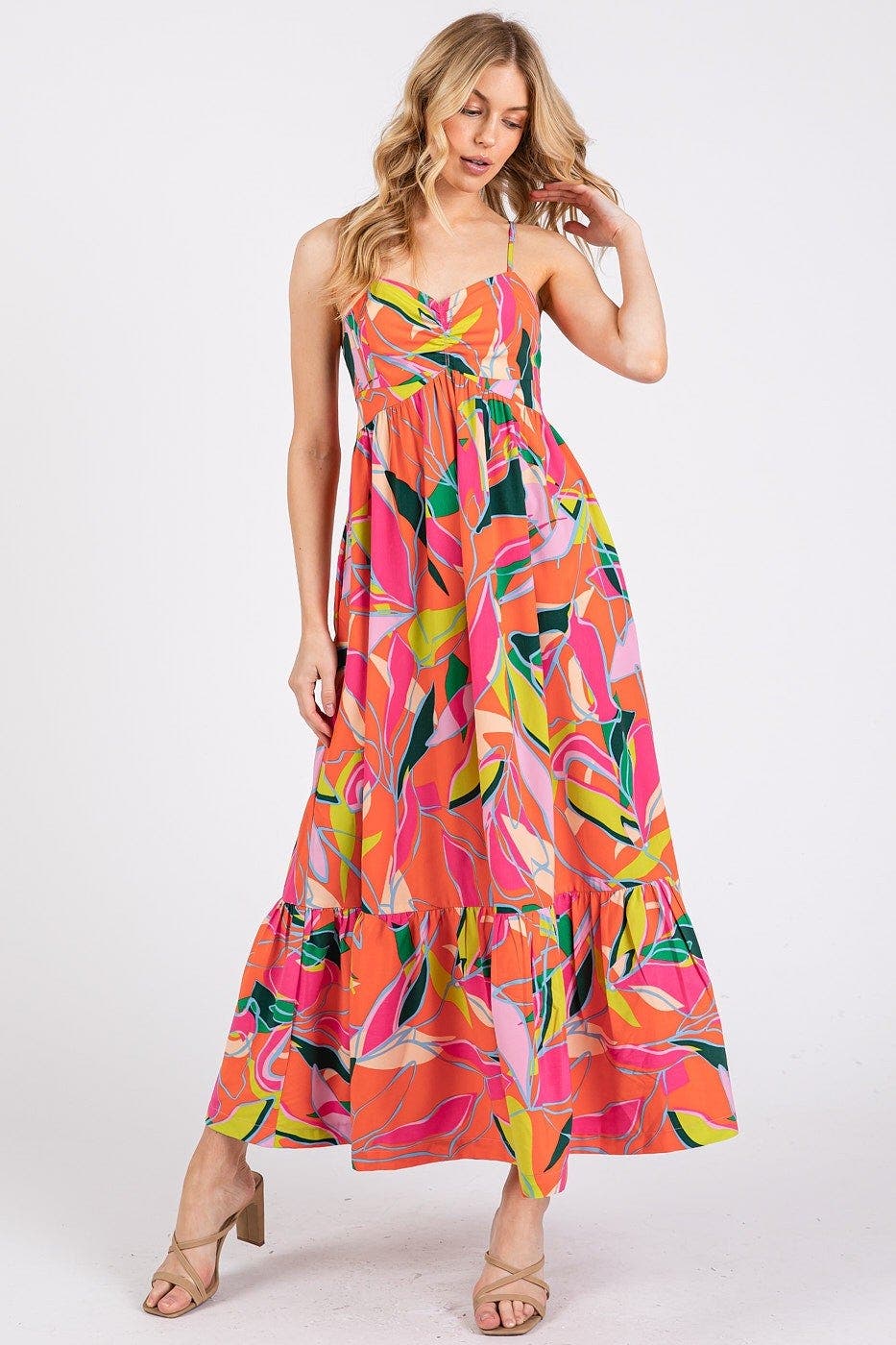 Mittoshop Multicolor Leaf Print Tie Back Maxi Dress
