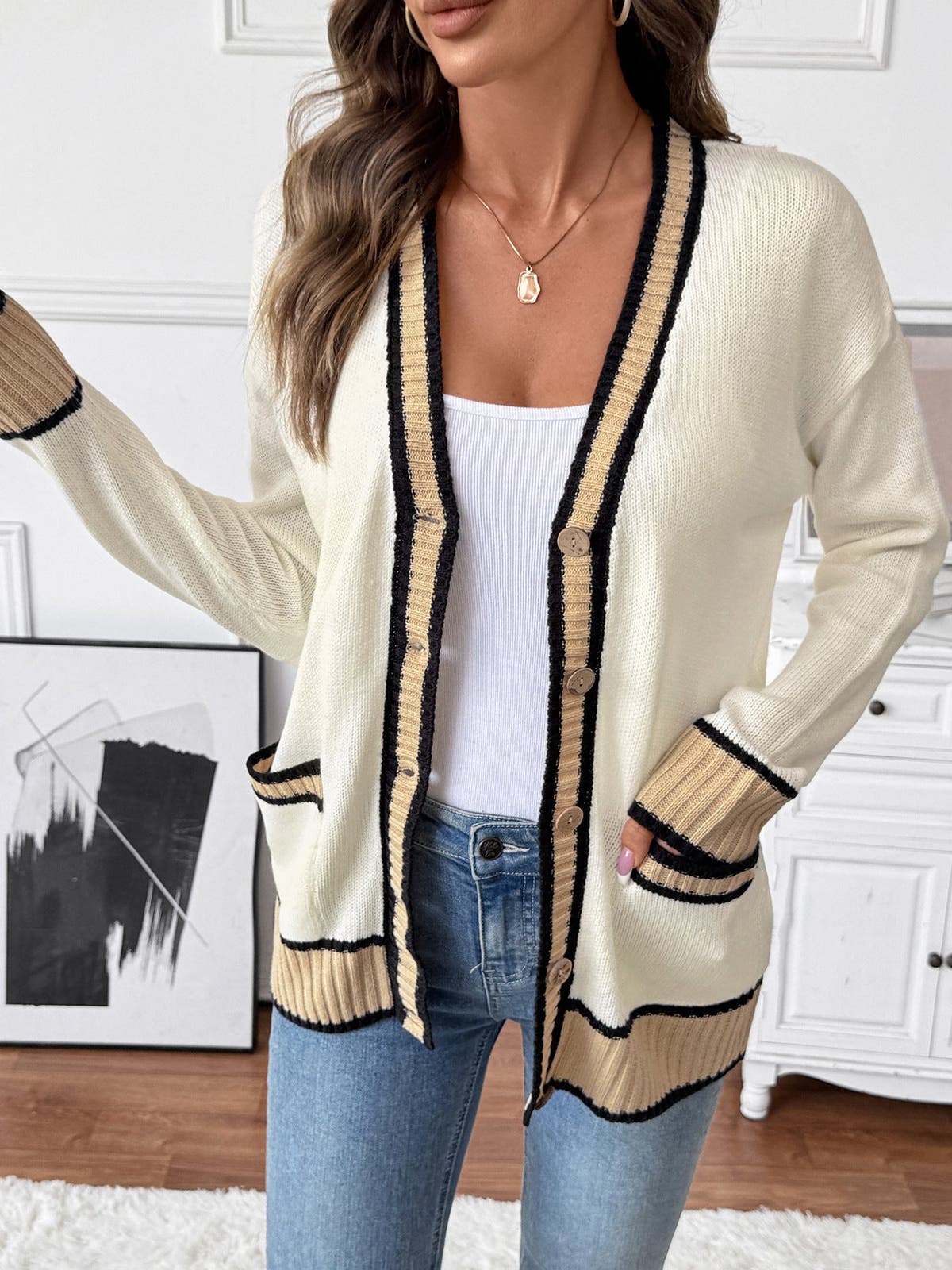Contrast Trim Button Up Knit Cardigan