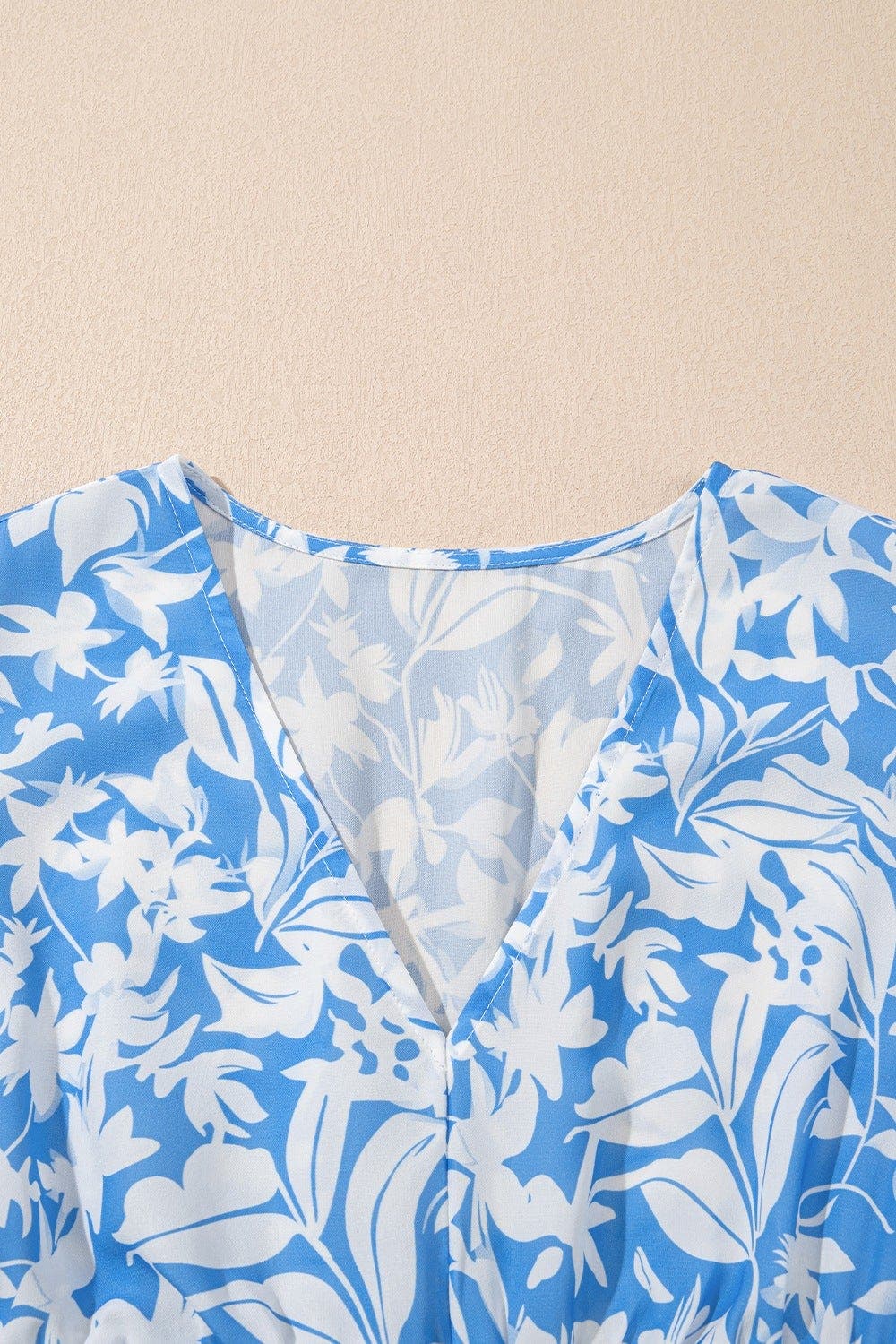 Floral V Neck Puff Short Sleeve Flowy Dress