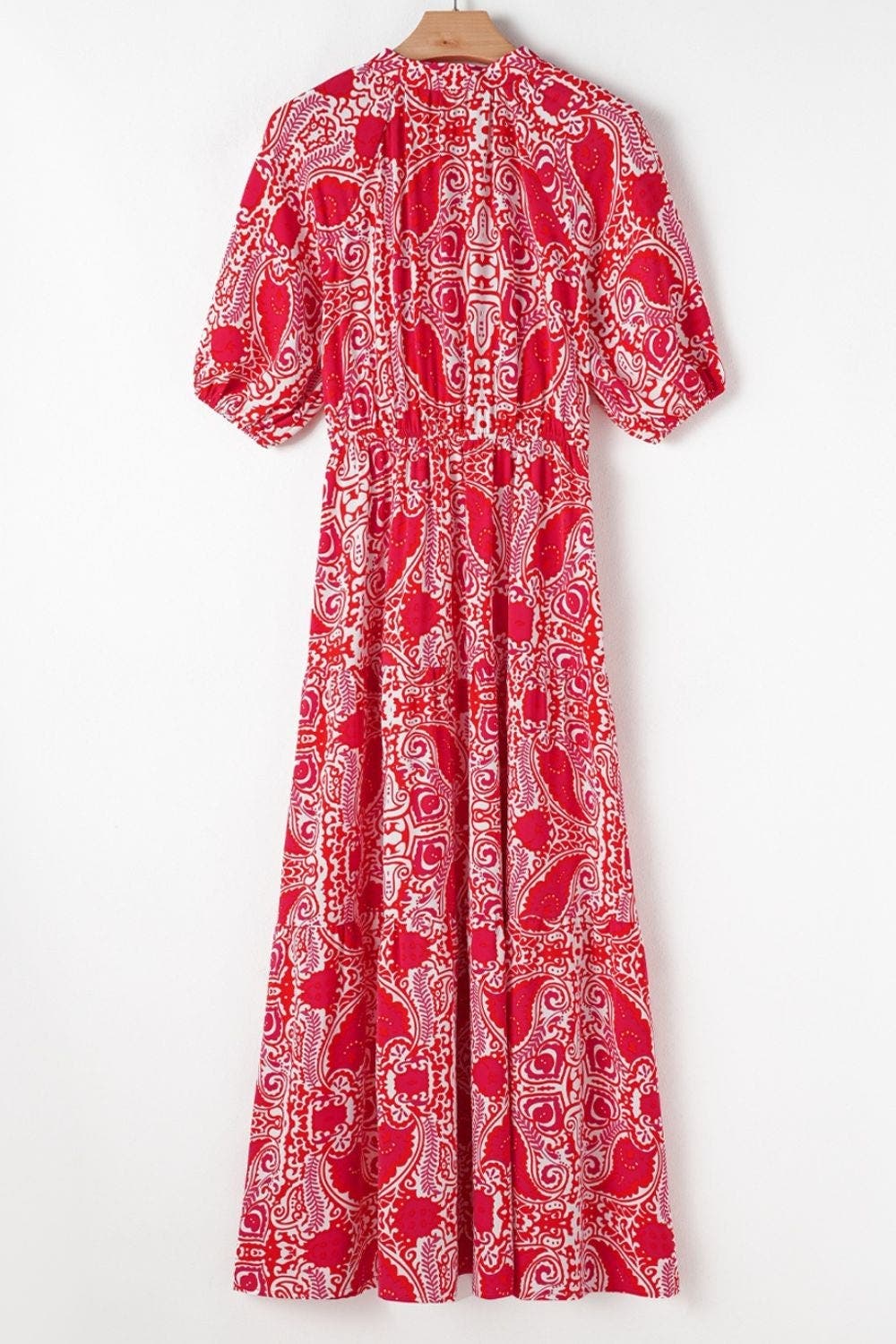 Paisley Print Side Slit Puff Sleeve High Waist Maxi Dress