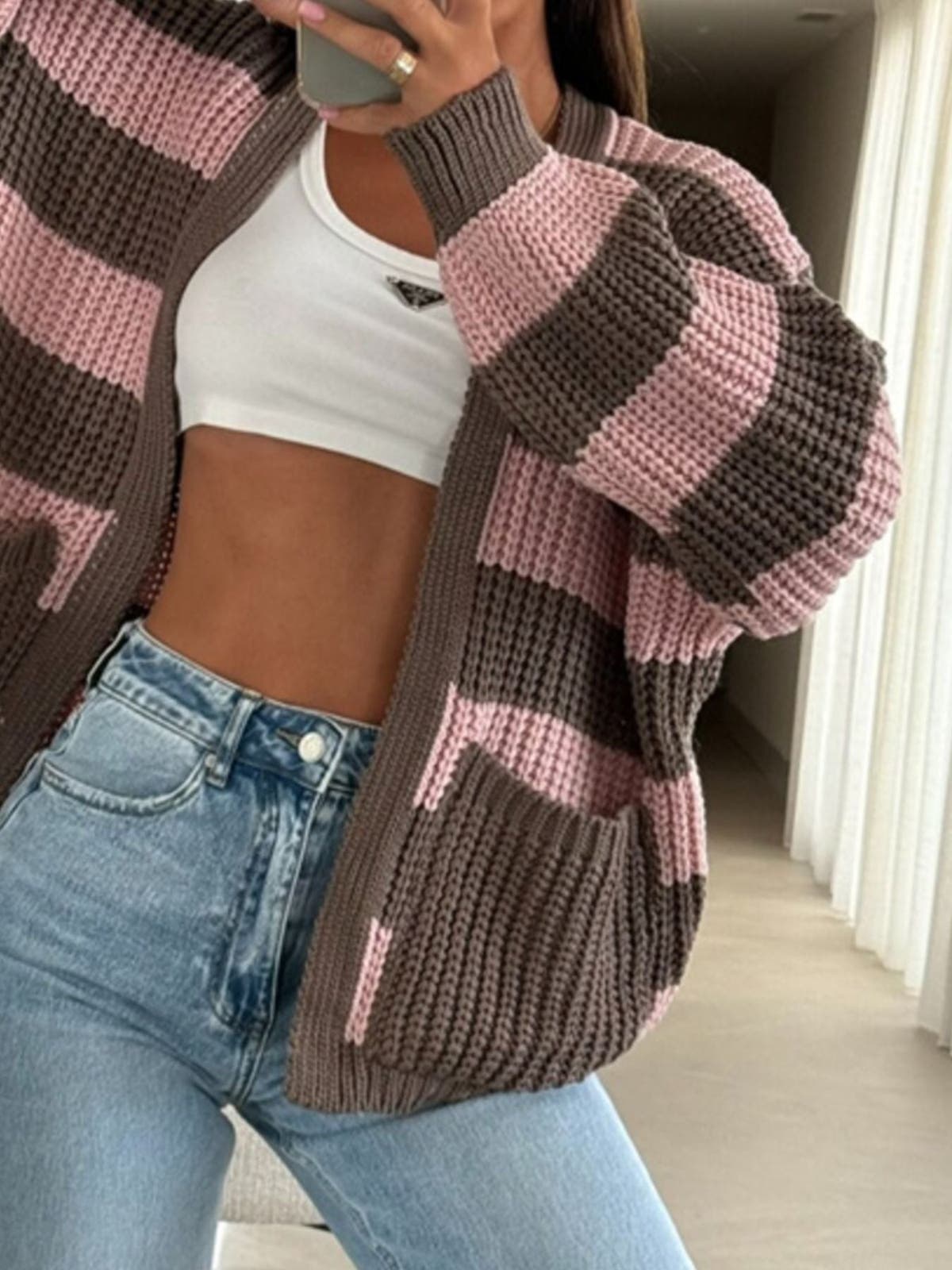 Striped Open Front Long Sleeve Cardigan