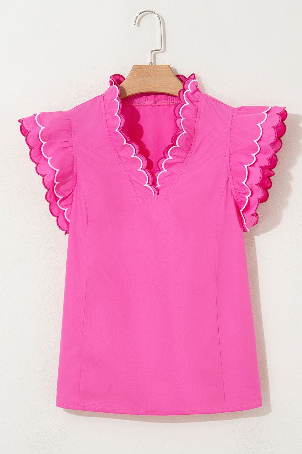 Contrast Scallop Trim Layered Short Sleeve V Neck Blouse