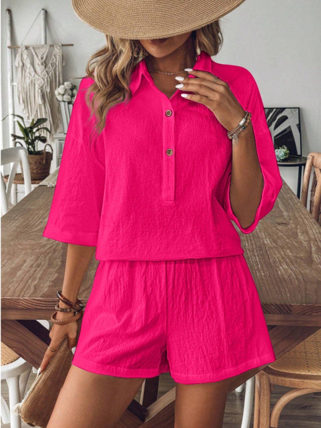 Collared Neck Half Sleeve Top and Shorts Set