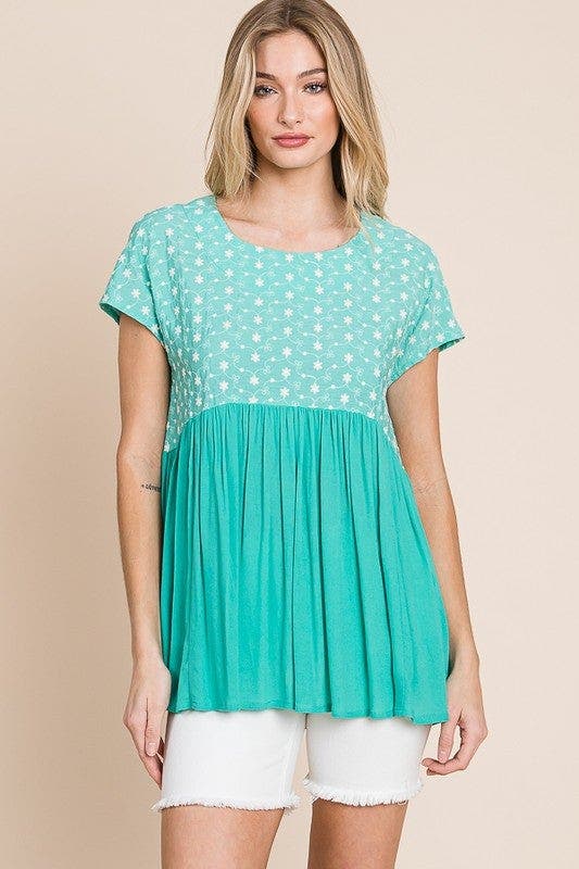 Lime 'N' Chili Full Size Embroidered Short Sleeve Pleated Babydoll Top Plus Size