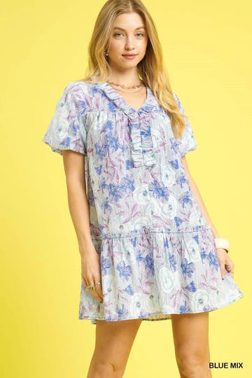 Product: Umgee Floral Ruffled Puff Sleeve Mini Dress