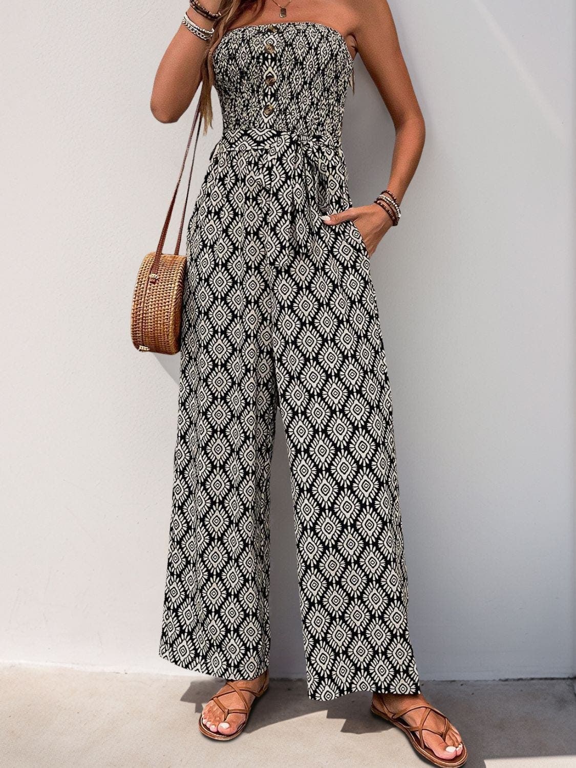 Printed Smocked Sleeveless Jumpsuit