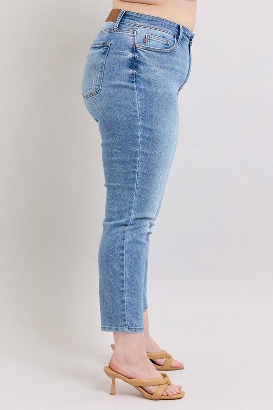 Judy Blue Full Size Mid Rise Vintage Wash Slim Jeans with Cell Phone Pocket Plus Size