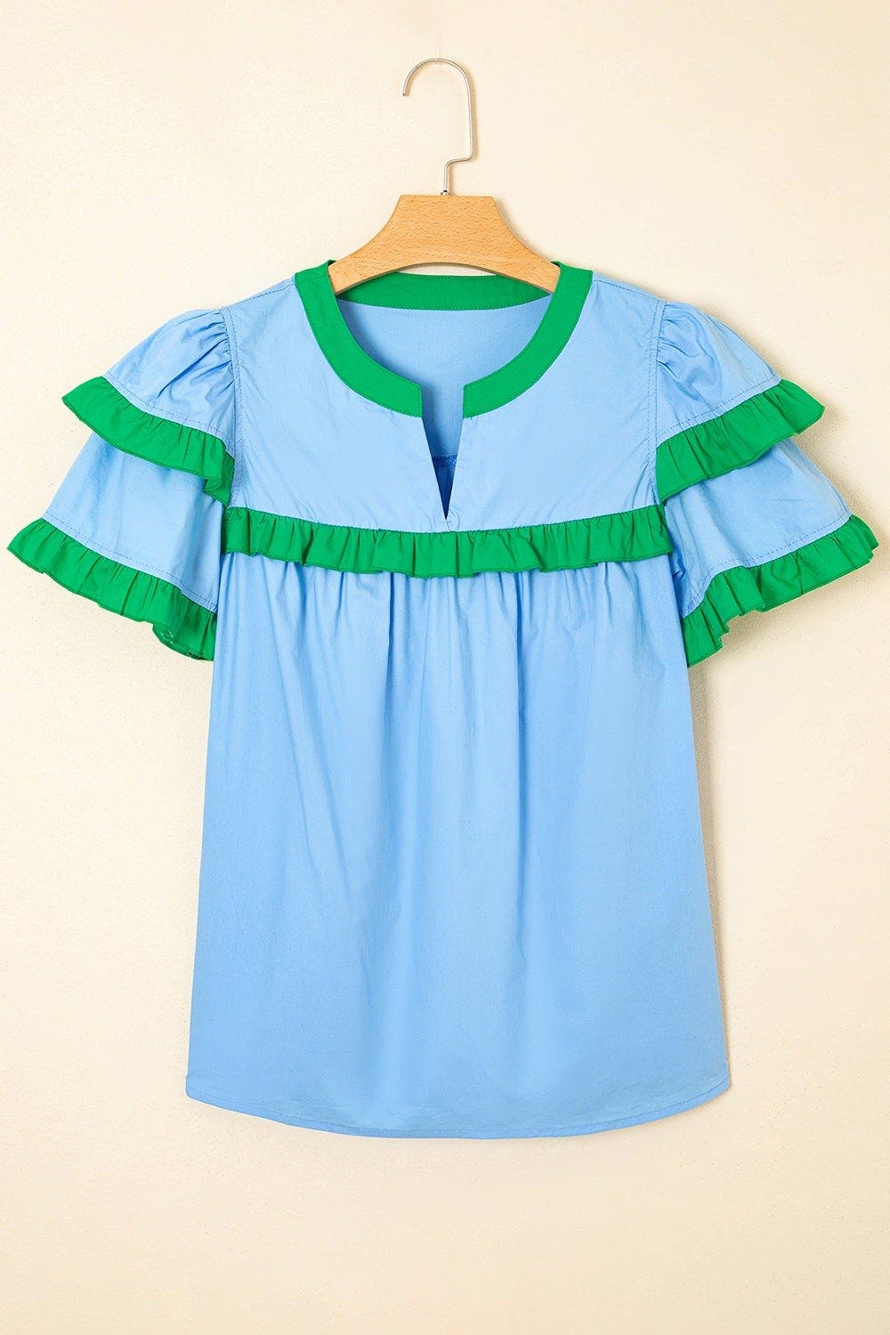 Contrast Notched Neck Frilly Detail Short Sleeve Blouse