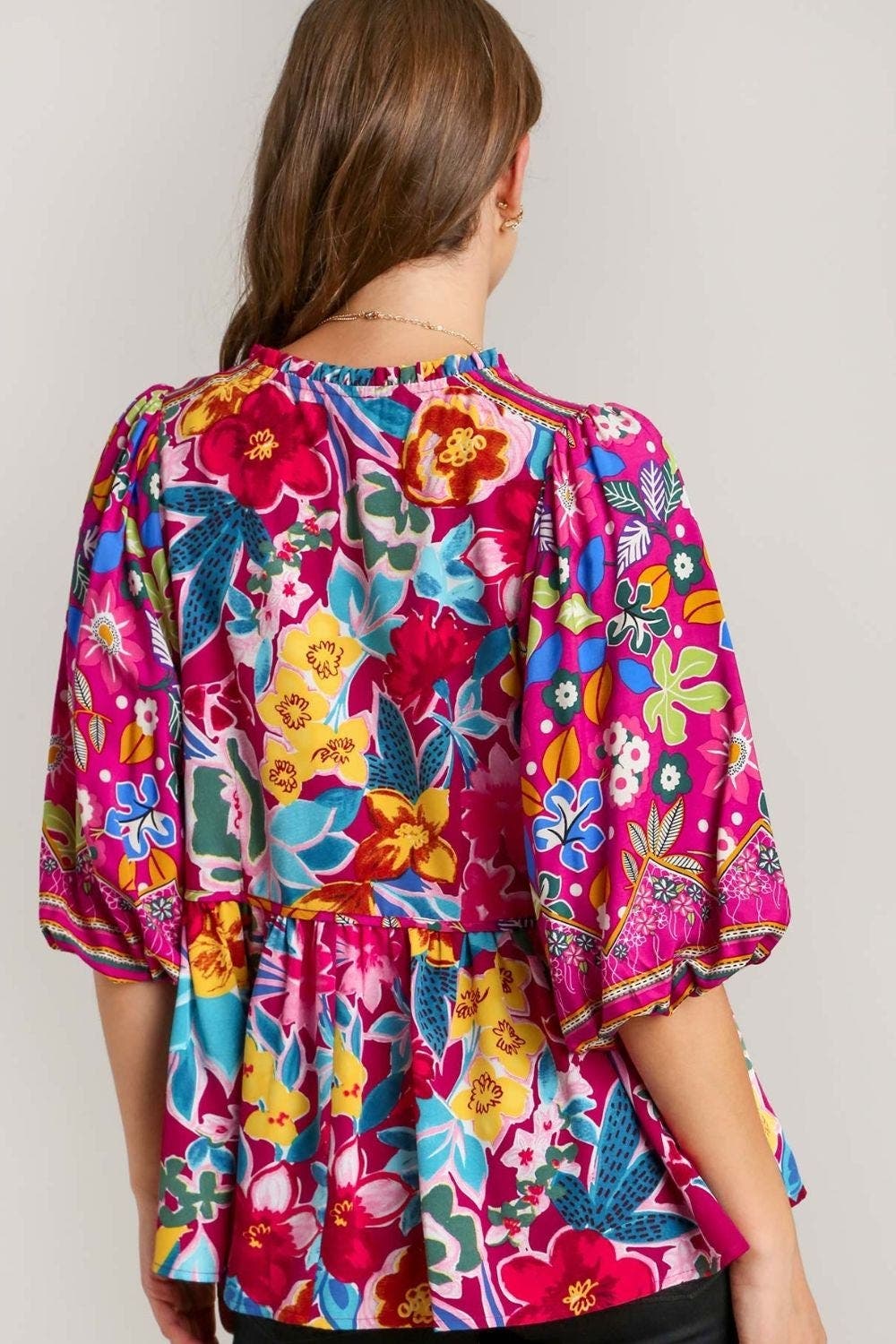 Umgee Full Size Floral Print Tie Neck Peplum Blouse