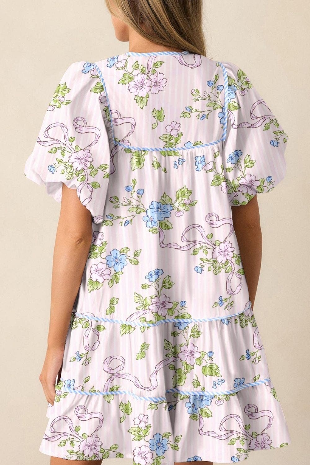 Printed Tie Neck Short Sleeve Mini Dress