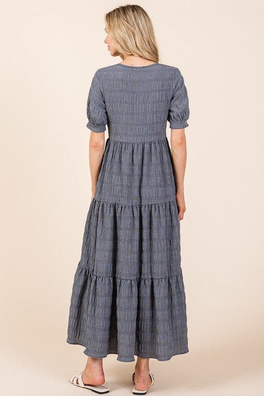 BOMBOM Textured Short Sleeve Tiered Dress