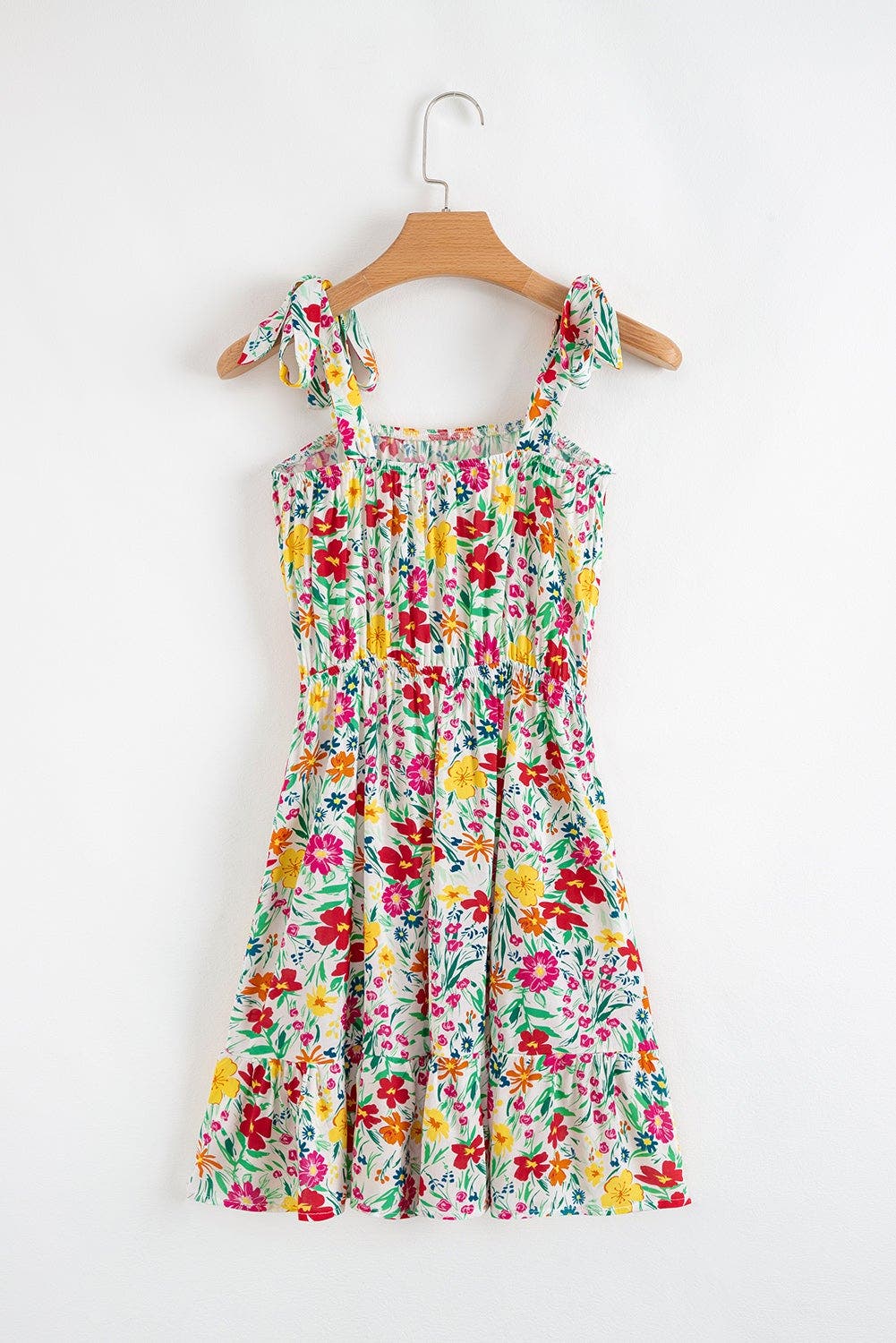 Floral Knotted Straps Cinched Waist Ruffle Hem Mini Dress