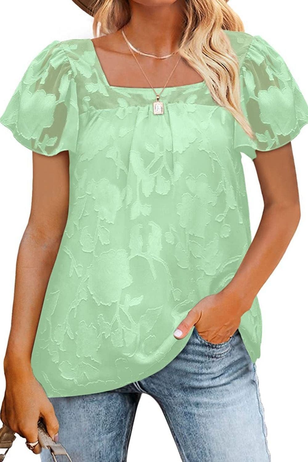 Square Neck Short Sleeve Blouse